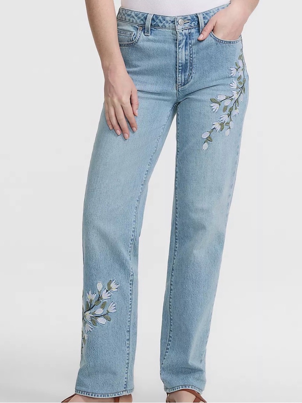 Lands' End Light Blue Straight-Leg Jeans with Floral Embroidery
